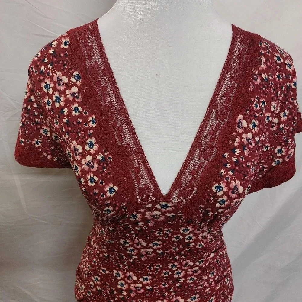 Free People Sweet Talker red Floral lace Boho Cottagecore 90s Mini Dress Size XS - Picture 6 of 16